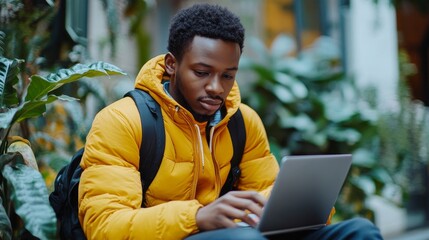 African Student Applying for Online Scholarship using Black Phone and Laptop, Generative AI