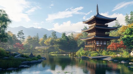 A traditional Japanese pagoda with tiered roofs and intricate wooden details. The structure stands gracefully amidst a Zen garden, embodying the harmony between architecture and nature.