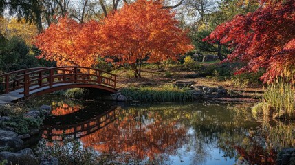 A tranquil Japanese garden in autumn, with maple trees shedding their vibrant red and orange leaves. A small pond reflects the scene, and a wooden bridge arches gracefully over it.