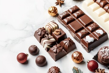 Luxurious chocolate assortment with festive decorations on marbl