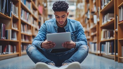 College Student Using Budget Friendly Digital Learning Tools in Library Workspace