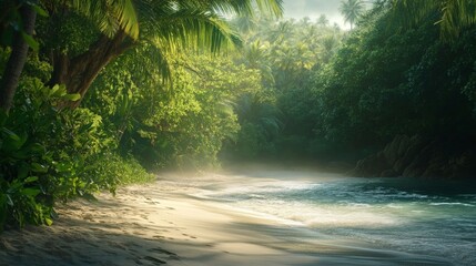 A tropical beach lined with dense jungle, where the vibrant green foliage meets the soft white sand. Birds of paradise call from the trees as the calm waves lap gently against the shore.