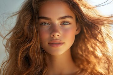 Fototapeta premium Model with hydrated, shiny hair flowing freely, natural sunlight creating a healthy glow, ultrarealistic shot capturing the smoothness and moisture from a shampoo treatment