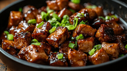 Glazed pork belly cubes with a rich soy-based sauce