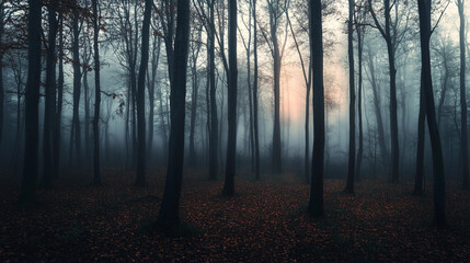 Obraz premium A chilling forest where the ground is covered in fog and whispers linger.
