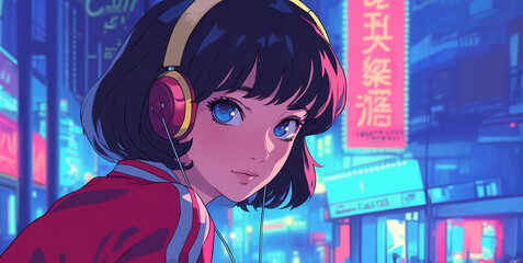 ヘッドフォンで音楽を聴くアニメ風の女の子　AI生成画像