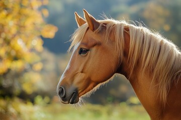 A beautiful portrait of an elegant golden horse with a blonde mane, captured in the soft light of an early autumn morning, against a backdrop of nature's vibrant colors. Day of the Horse.