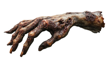 Creepy Realistic Zombie Hand Prop with Decayed Skin and Outstretched Fingers on isolated transparent Background, clip art PNG