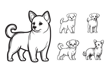 Line art features a cute small dog in a standing pose