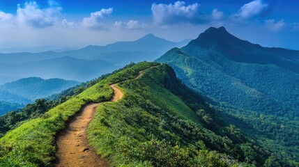 Naklejka premium A picturesque mountain landscape with a winding trail cutting through vibrant greenery, under a crisp blue sky, perfect for outdoor photography