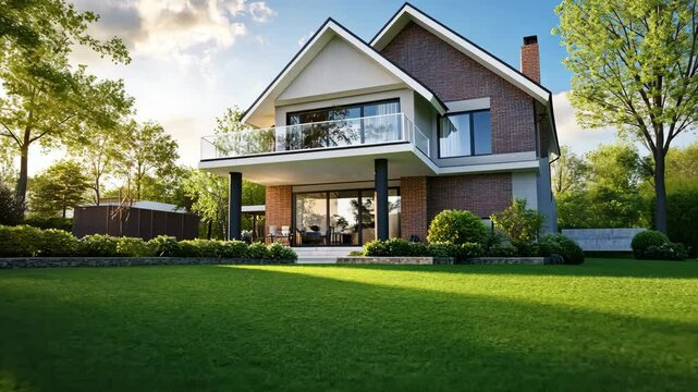 A modern house with a brick exterior and a large balcony sits on a lush green lawn