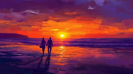 A vibrant sunset beach with silhouettes of couples walking hand in hand along the shore. The sun dips below the horizon, casting an orange and purple glow across the sky and sea