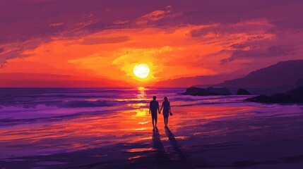 A vibrant sunset beach with silhouettes of couples walking hand in hand along the shore. The sun dips below the horizon, casting an orange and purple glow across the sky and sea