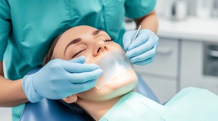 Fototapeta premium Dentist applying dental dam, patient reclined, close-up of preparation