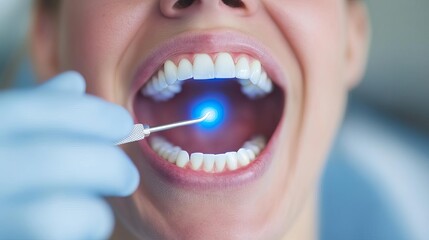 Dentist curing composite filling, patient mouth open, blue curing light