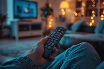 A man hand holding a TV's remote while sitting on a couch inside a modern living room