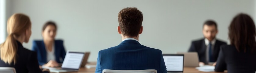 Team of executives sitting around a boardroom table, laptops and documents in front of them, ultrarealistic detail of intense discussions during a merger negotiation