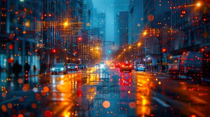Rainy Night Cityscape with Reflections
