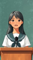 Young Woman in School Uniform Speaking at a Podium with Microphone.