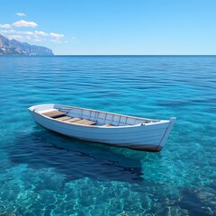 Naklejka premium Serene Rowboat Floating Across Glassy and Clear Blue Waters Image