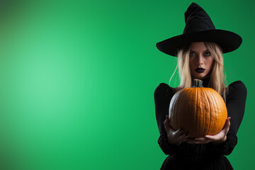 Enchanting witch with pumpkin on green backdrop