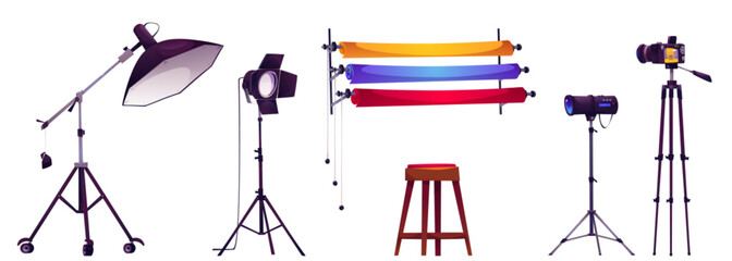 Camera for photoshoot studio and light cartoon. Shoot hobby equipment and wood stool for model. Professional shooting design with reflector, diffuser and roll backstage in yellow, red, blue.