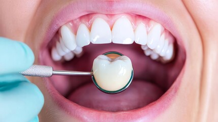Dentist polishing filled tooth, mouth open, dental hygiene focus