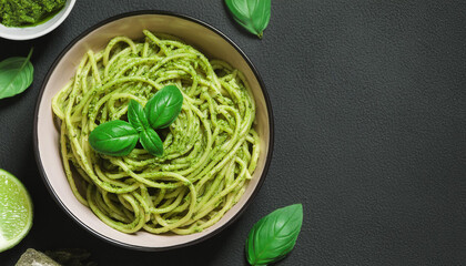 Spaghetti pasta with green pesto sauce and basil black background with copy space. Restaurant food