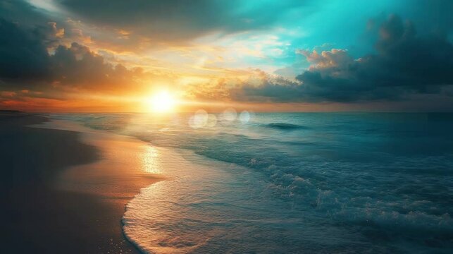 The view of the beach is very beautiful when the sun sets and is covered by thick clouds. Latar Belakang Animasi video 4k virtual selang waktu perulangan yang mulus.