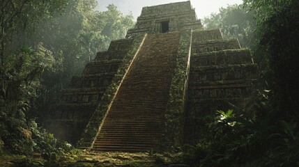 An ancient Mayan pyramid with steep stone steps leading to a temple at the top. The structure rises from the jungle, a testament to the architectural prowess of its builders