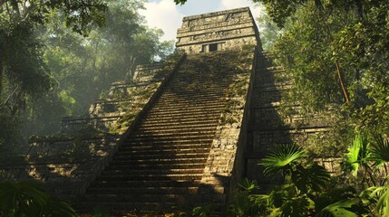 An ancient Mayan pyramid with steep stone steps leading to a temple at the top. The structure rises from the jungle, a testament to the architectural prowess of its builders