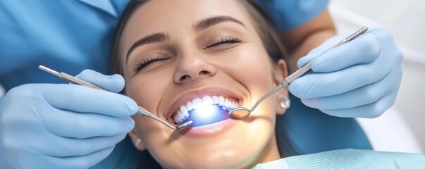 Naklejka premium Dentist with curing light on filled tooth, patient relaxed, hygiene focus