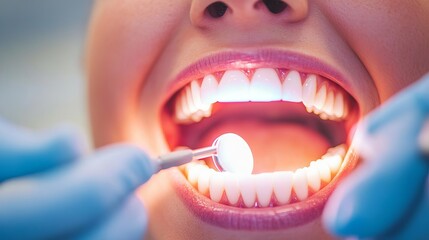 Fototapeta premium Dentists with curing light in hand, patient mouth close-up, focus on restoration