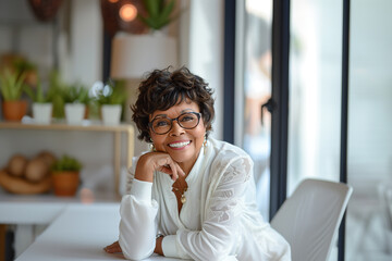 Fototapeta premium A cheerful older black woman with curly hair and glasses, smiling while resting her chin on her hand. She is seated at a bright, modern workspace adorned with plants and natural light.
