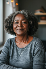 Obraz premium A portrait of a mature black woman with curly gray hair, sitting indoors by a window. She has a warm smile and is wearing a gray long-sleeve shirt.