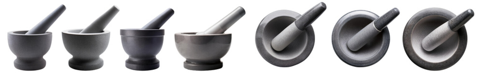 Set of mortar and pestle tools for grinding and mixing ingredients, isolated on a white background.