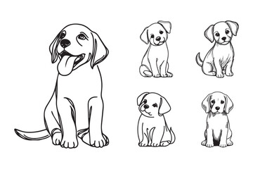 Line art of a playful small dog sitting in a cute pose