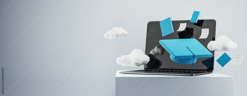 Poster creative educational banner with mortarboard, laptop and clouds on wide gray background with mock up