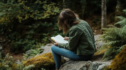 Fototapeta premium Person journaling on a rock in a lush forest, embodying nature therapy, outdoor meditation, and forest wellness