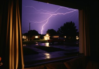 Obraz premium Dramatic lightning storm captured from window during nighttime