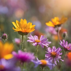 Obraz premium Hyper-realistic wildflowers with colorful bokeh background 