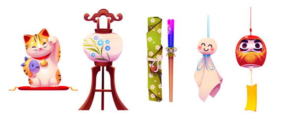 Lucky chinese cat and cute red daruma doll. China luck carp for festival celebration. Asian fortune symbol with ornament hanging on rope. Kawaii kitten paw. Japanese stick and kitty graphic design