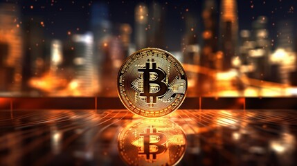 Focus on a gold bitcoin coin with digital blockchain data visualization in the background