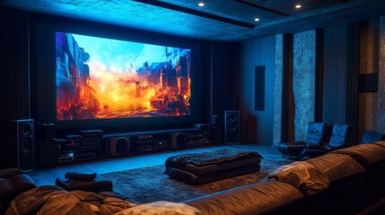 A luxurious home theater with a large screen, comfortable seating, and a sophisticated sound system.