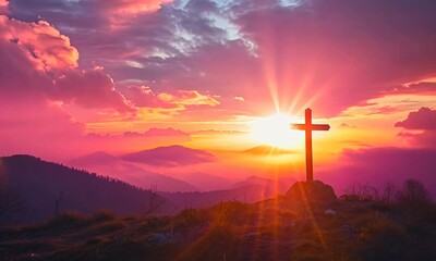 Jesus Christ cross easter resurrection concept Christian cross on a background with dramatic lighting colorful mountain sunset dark clouds and sky and sunbeams