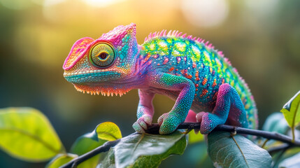 Fototapeta premium A close-up of a vividly colored chameleon perched on a branch, displaying its striking multicolored skin, set against a natural, sunlit background