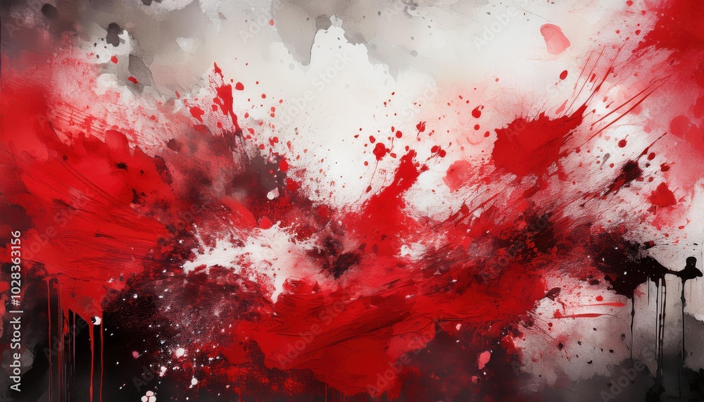 Poster Dynamic Chaos. Blood Red Paint Explosion Splatter Against Abstract Beige and Grey Background for Grunge Art, Symbolizing Intensity and Raw Emotion in Modern Expressive Concepts or Projects