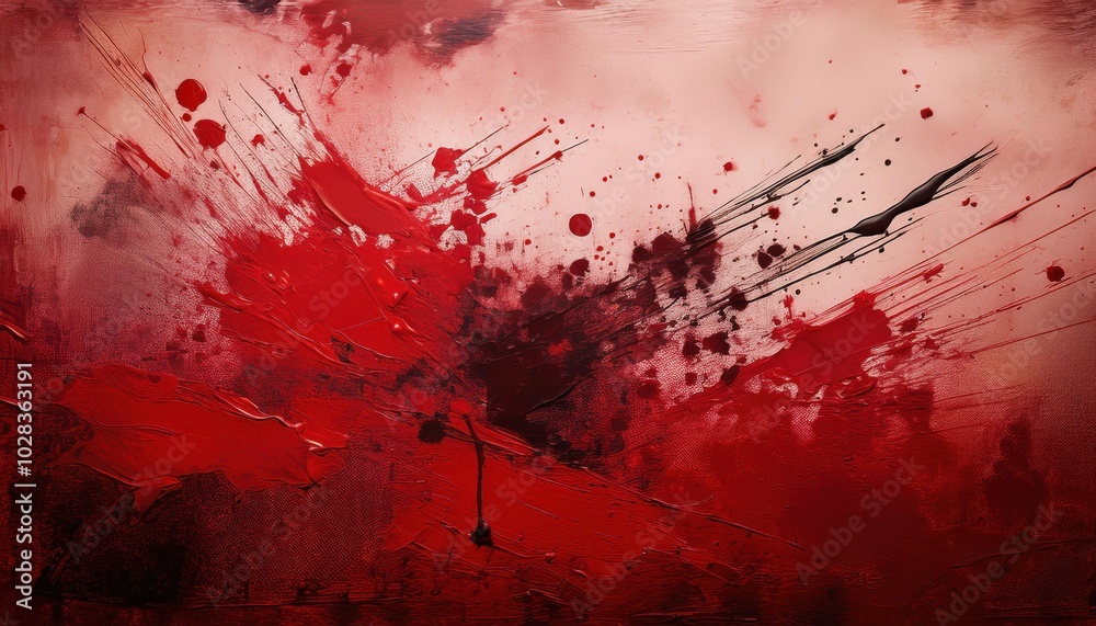 Aufkleber Dynamic Chaos. Blood Red Paint Explosion Splatter Against Abstract Beige and Grey Background for Grunge Art, Symbolizing Intensity and Raw Emotion in Modern Expressive Concepts or Projects