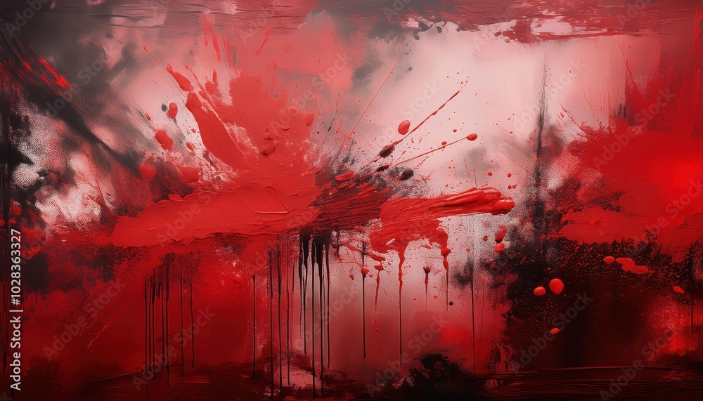 Aufkleber Dynamic Chaos. Blood Red Paint Explosion Splatter Against Abstract Beige and Grey Background for Grunge Art, Symbolizing Intensity and Raw Emotion in Modern Expressive Concepts or Projects