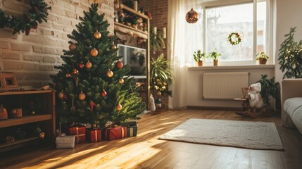 A beautifully decorated Christmas living room with a tree and gifts